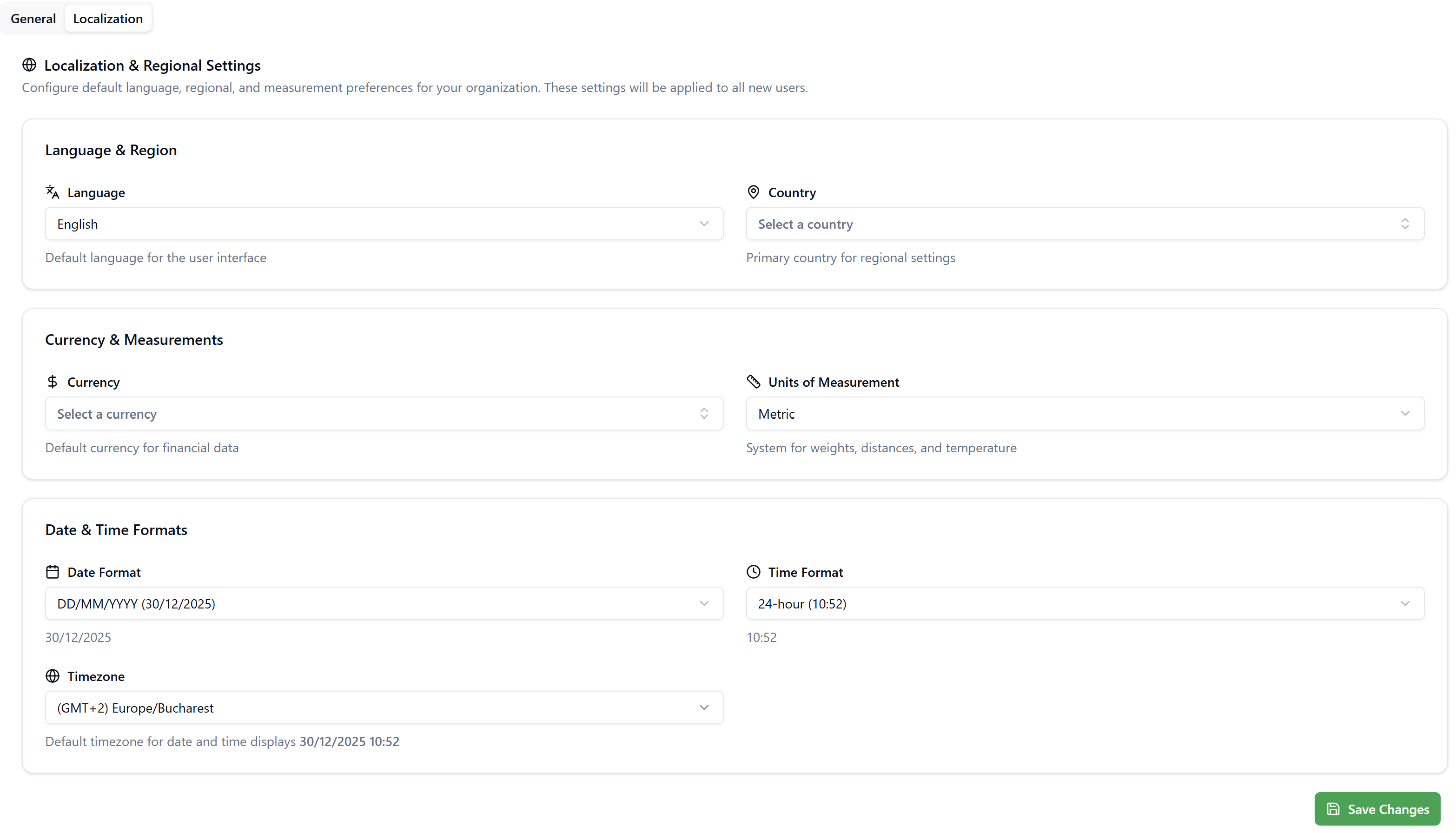 Localization Settings