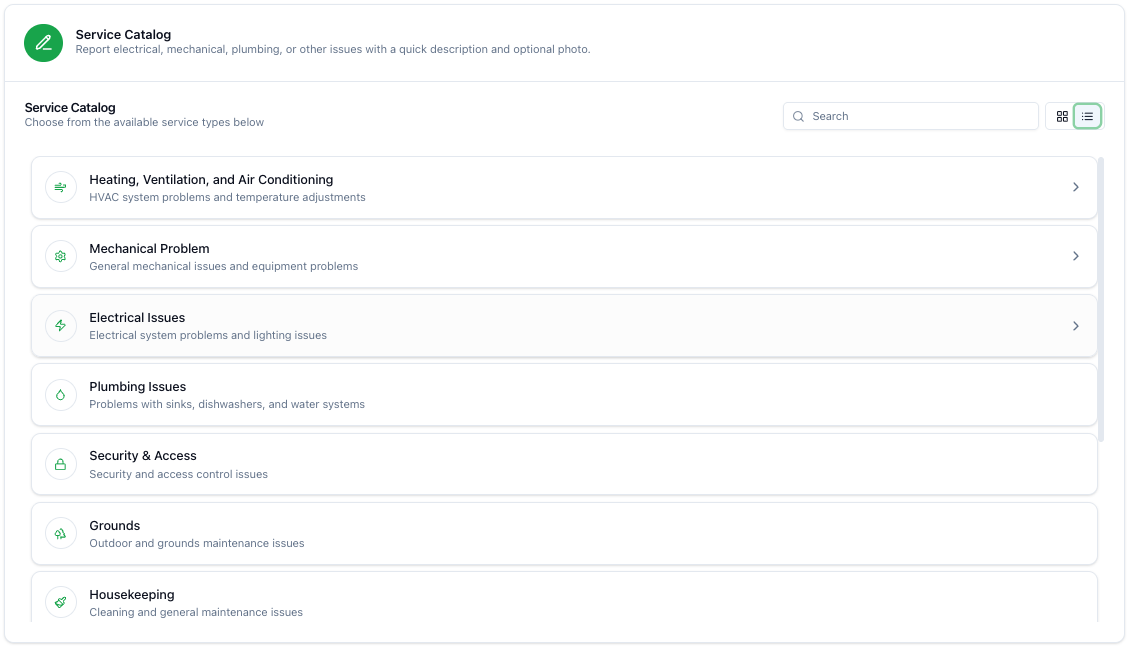Service Catalog - List view